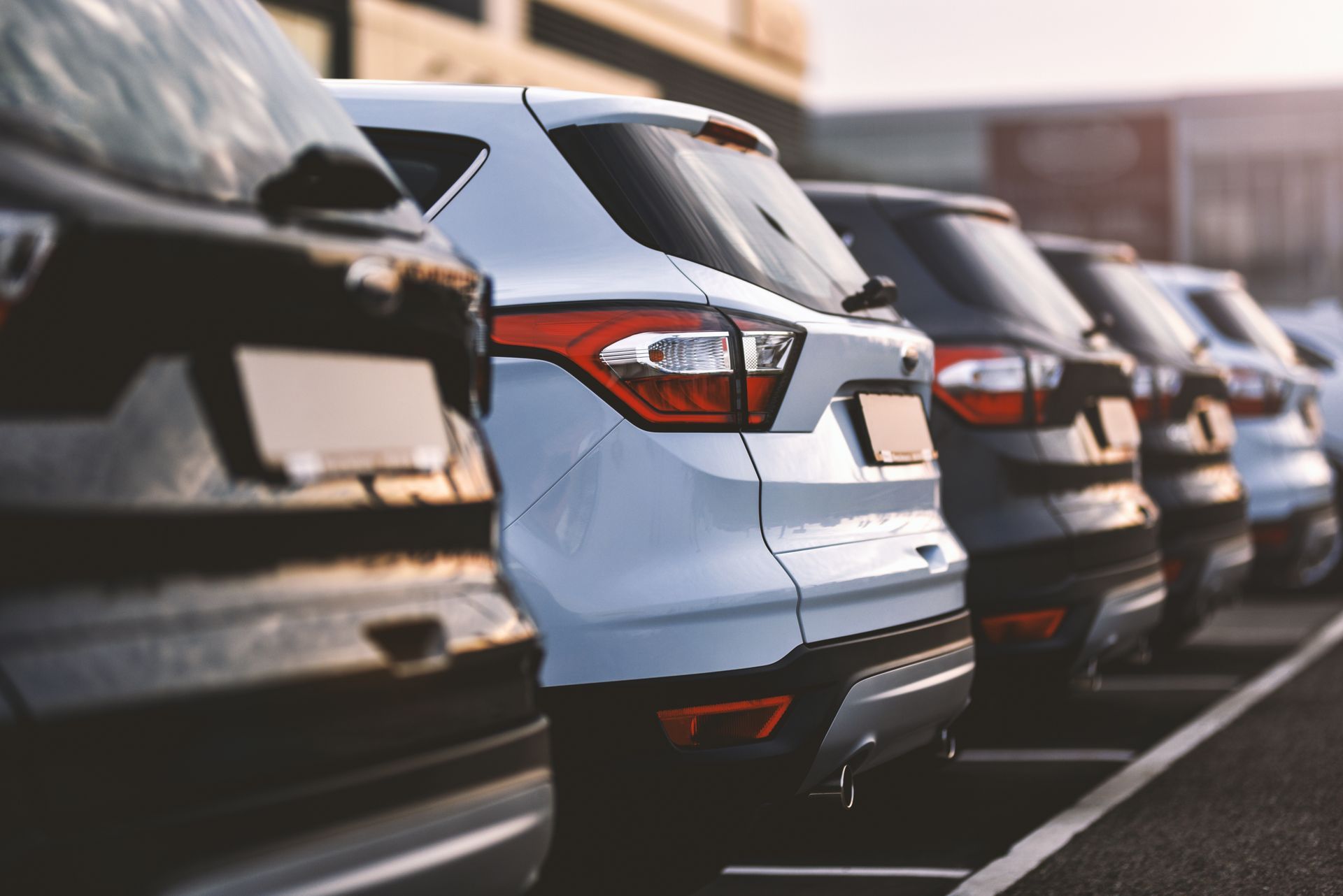 Rangée de SUV garés sur un parking, avec un véhicule blanc au centre.