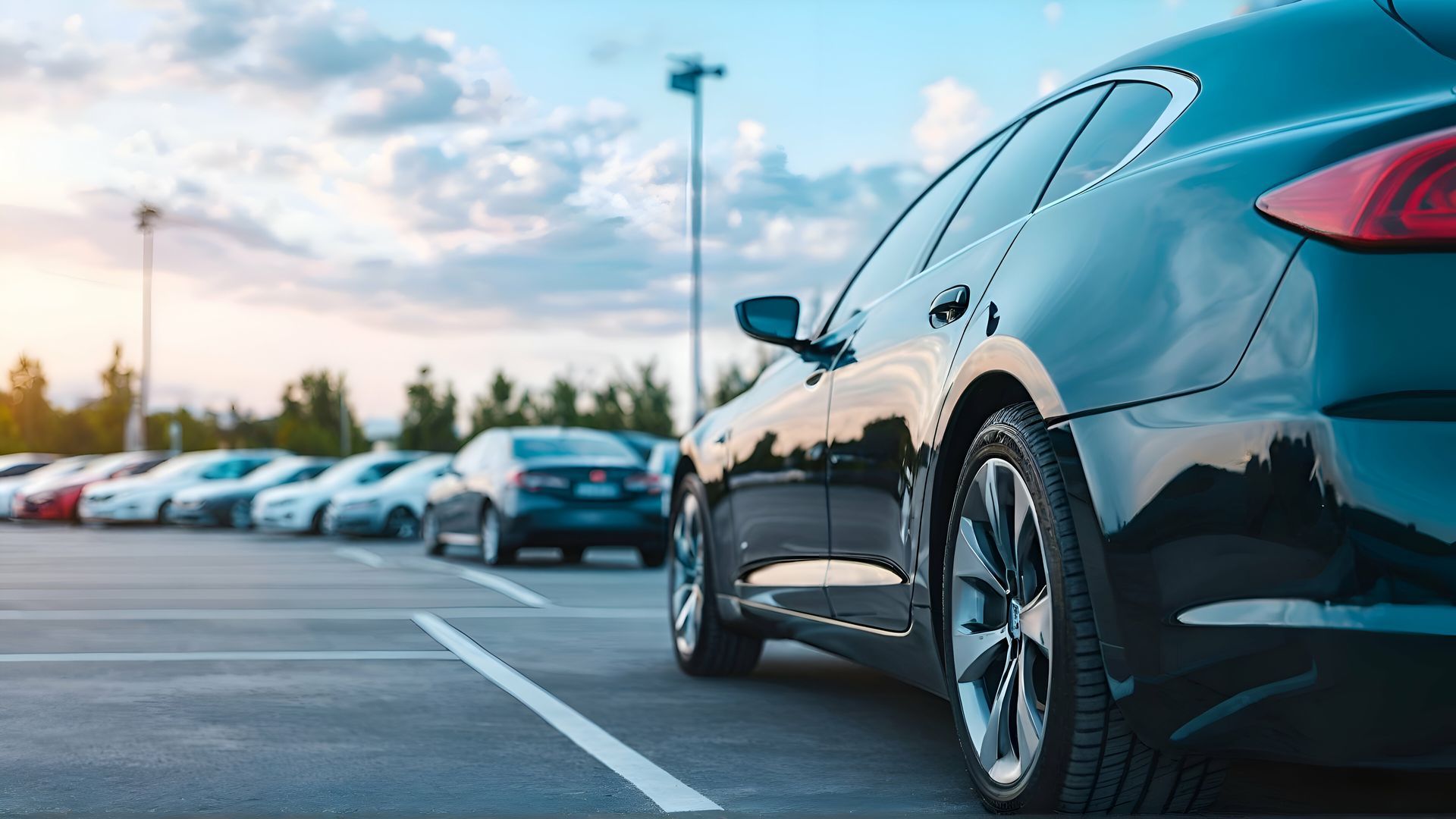 Voiture noire sur un parking, avec des rangées de voitures garées et un ciel nuageux au crépuscule.