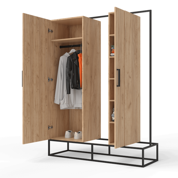 Un meuble de rangement ouvert en bois clair avec penderie et étagères sur une structure en métal noir.