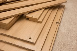 Une pile de panneaux de meubles en bois clair, non assemblés et prépercés, posée sur un sol recouvert de moquette.