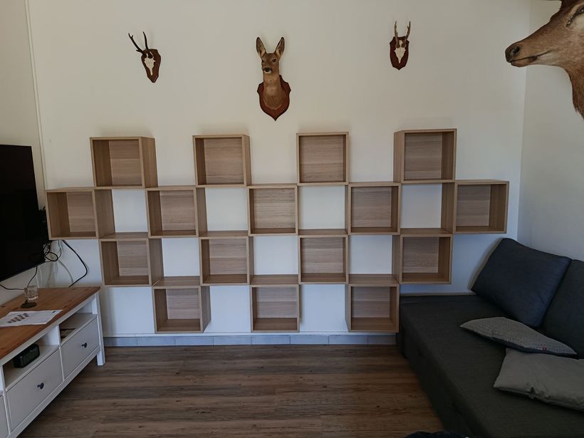 Près d'un canapé gris, des cubes étagères en bois clair sont fixés au mur. Au-dessus des têtes d'animaux - type trophées de chasse - sont fixées au mur. 