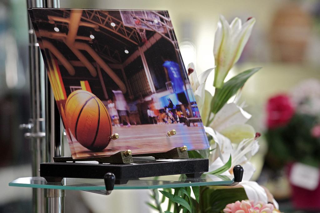 Photo-porcelaine avec un terrain et ballon de basket