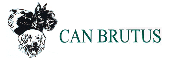 Un logotipo de Can Brutus con tres perros en él.