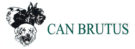 Un logotipo de Can Brutus con tres perros en él.