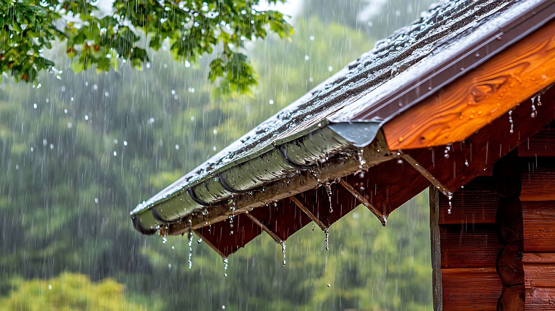 Pluie tombant sur un toit en bois avec des arbres verts flous en arrière-plan