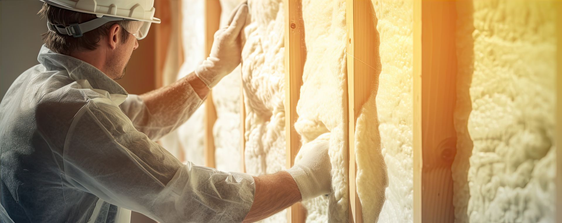 Ouvrier en tenue de protection installant de l'isolant jaune à l'intérieur d'une cavité murale