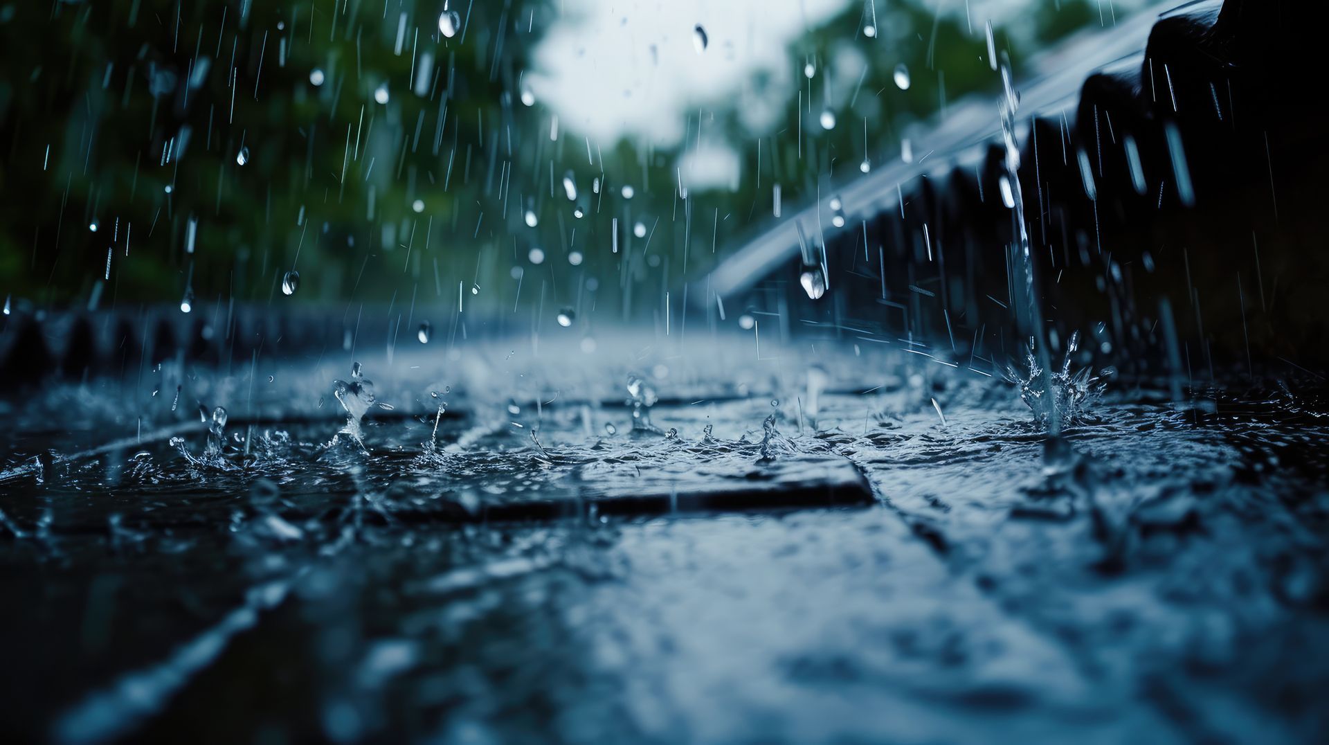 Eau de pluie clapotant sur un trottoir mouillé avec de la verdure floue en arrière-plan