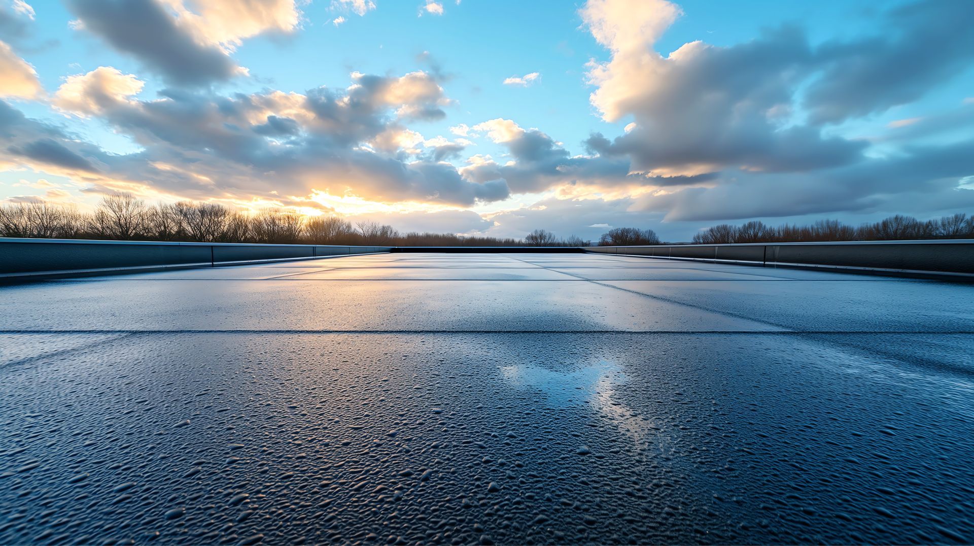 Lac gelé au coucher du soleil, sous un ciel nuageux se reflétant sur la surface glacée.
