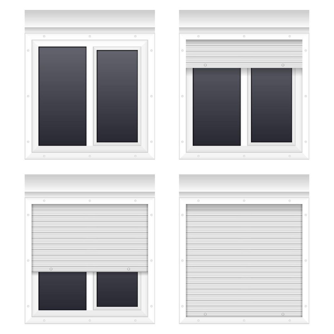 Un conjunto de cuatro tipos diferentes de ventanas con persianas enrollables.