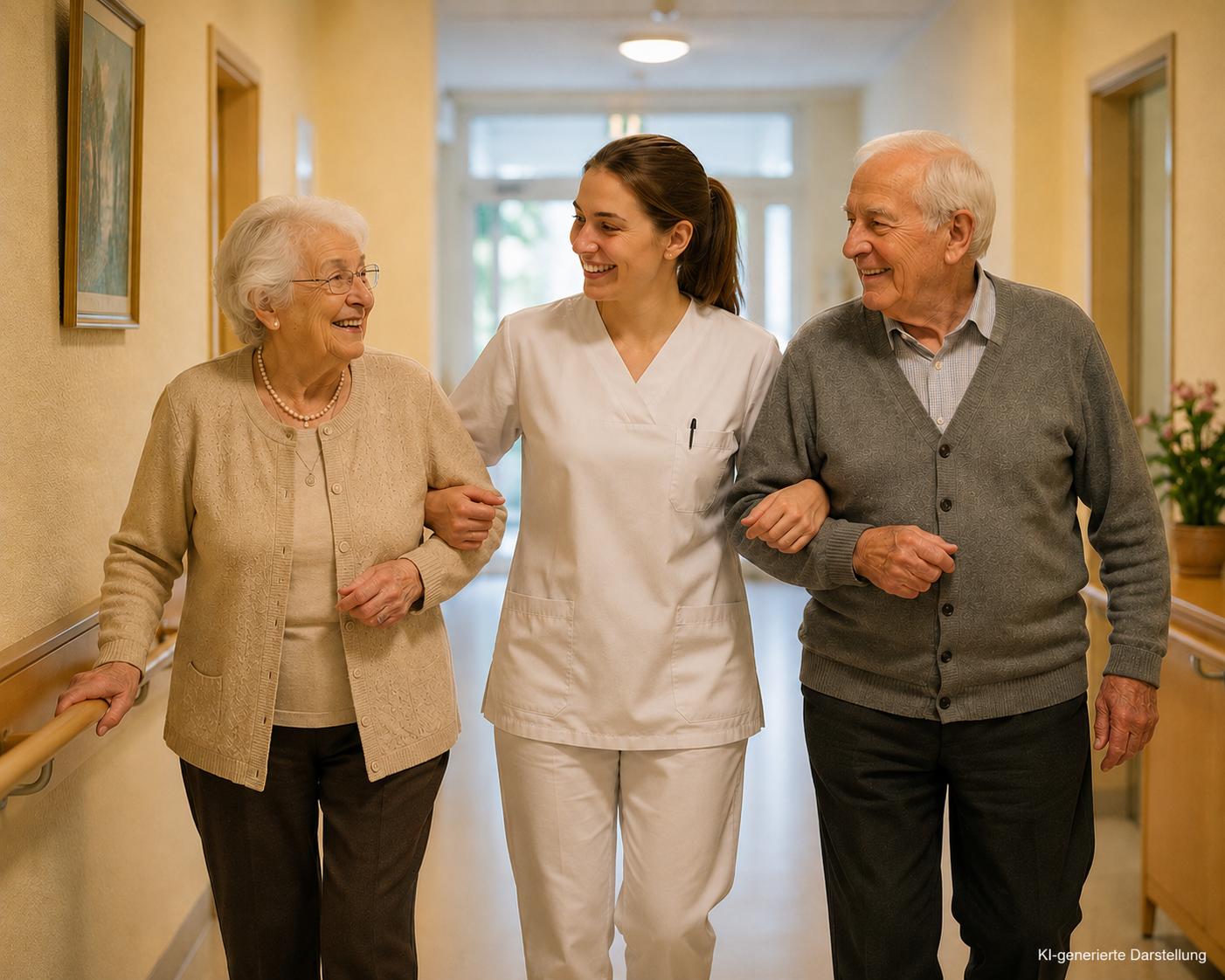 Eine Pflegekraft begleitet zwei ältere Patienten durch einen hellen Krankenhausflur.