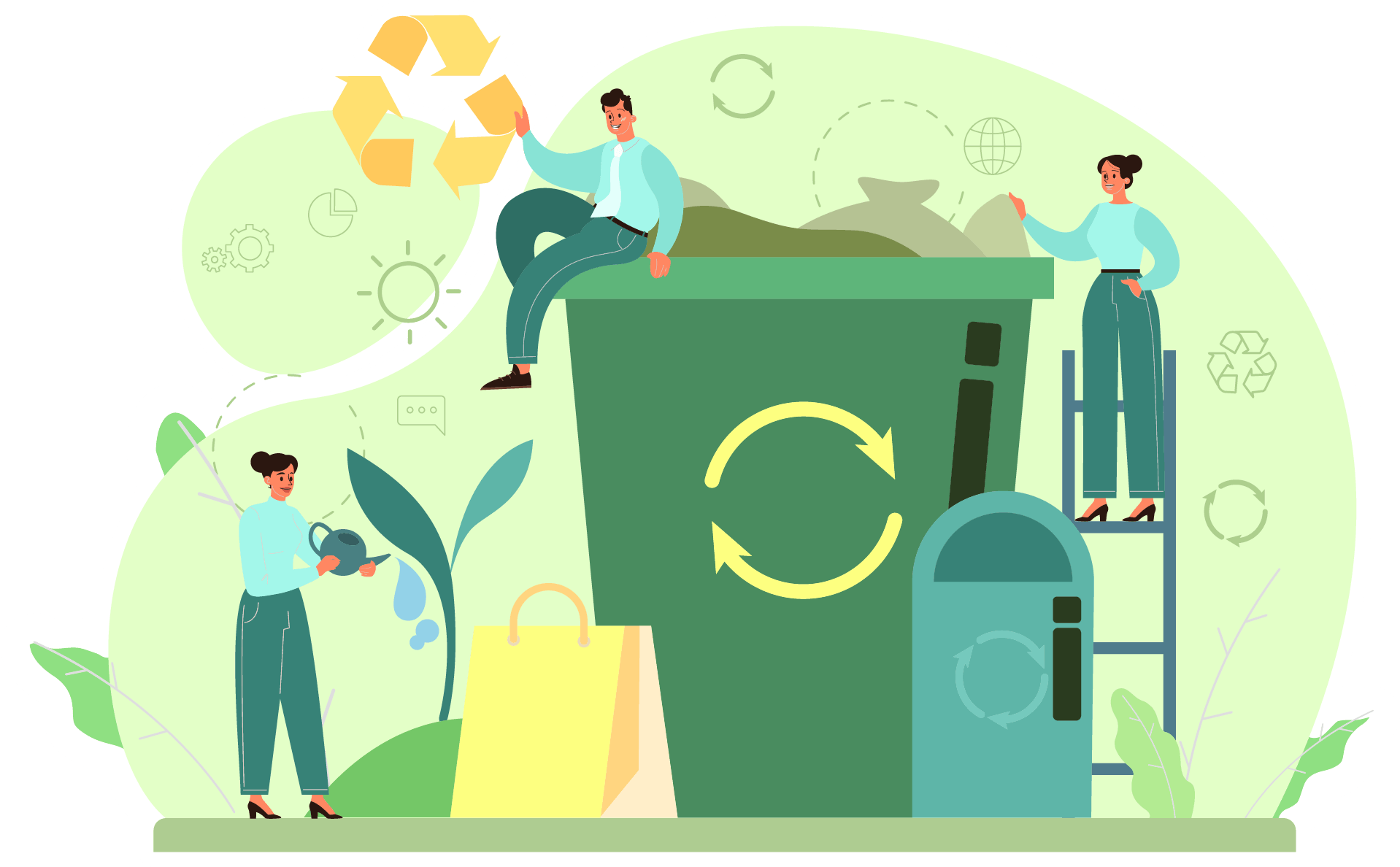 Illustration sur le thème du recyclage avec une poubelle et des personnages autour avec des éléments d'écologie