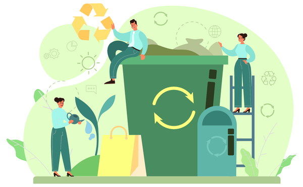 Illustration sur le thème du recyclage avec une poubelle et des personnages autour avec des éléments d'écologie