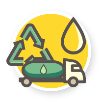 Pictogramme d'un camion vidangeur et du sigle de recyclage avec une goutte sur fond jaune
