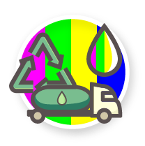 Pictogramme d'un camion vidangeur et du sigle de recyclage avec une goutte sur fond multicolore