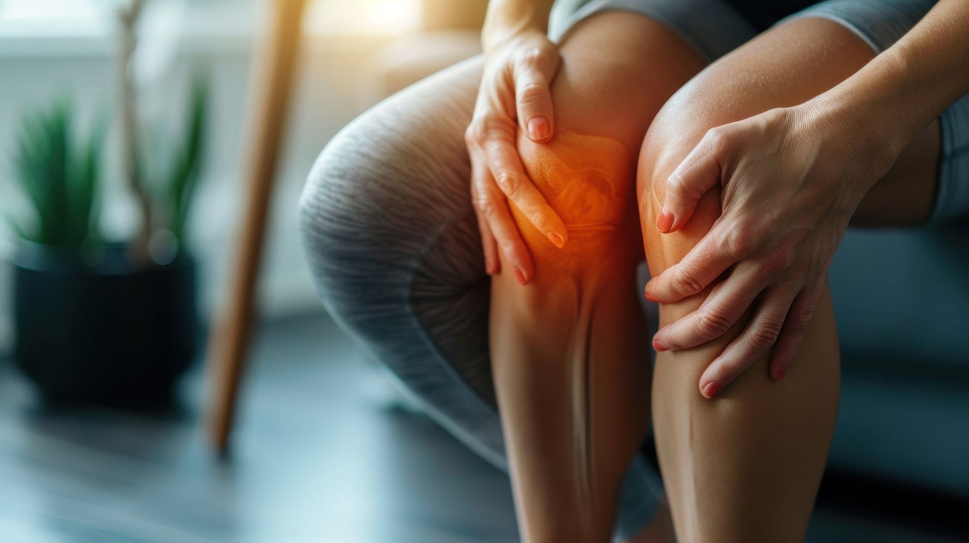 Persona que se sujeta las rodillas, resaltada en naranja, lo que sugiere dolor. Interior.