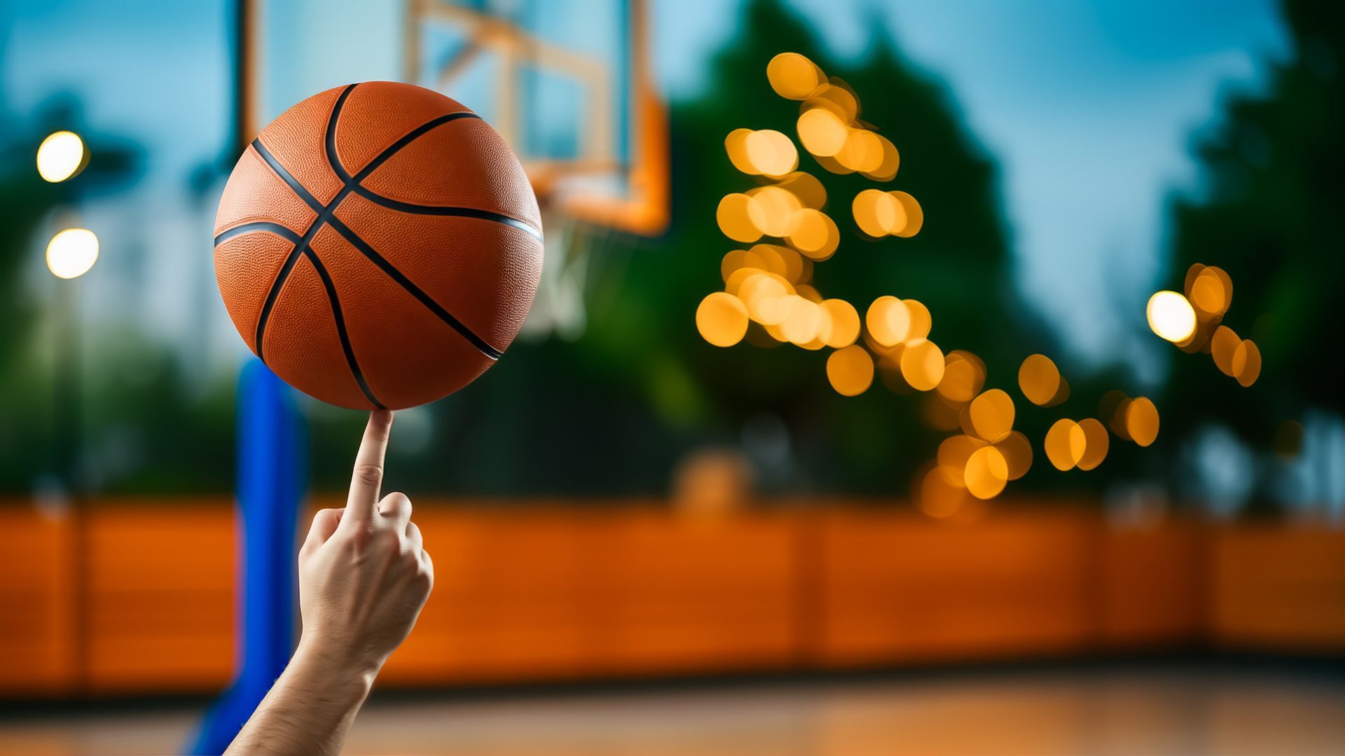 Baloncesto girando sobre un dedo frente a una canasta y luces de cuerda.