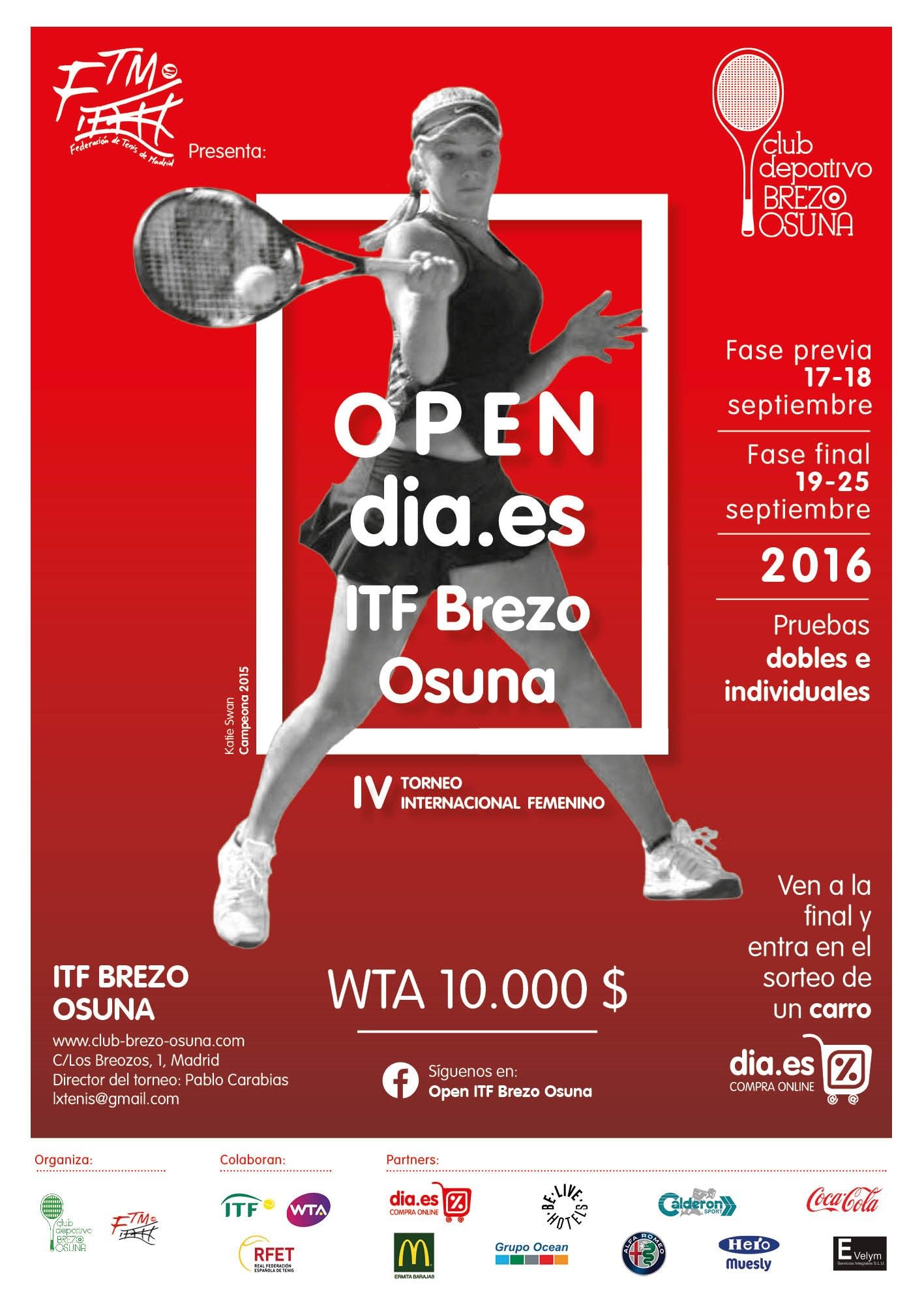 Cartel del torneo de tenis con un jugador en acción, fondo rojo, texto blanco: "OPEN dia.es ITF Brezo Osuna".