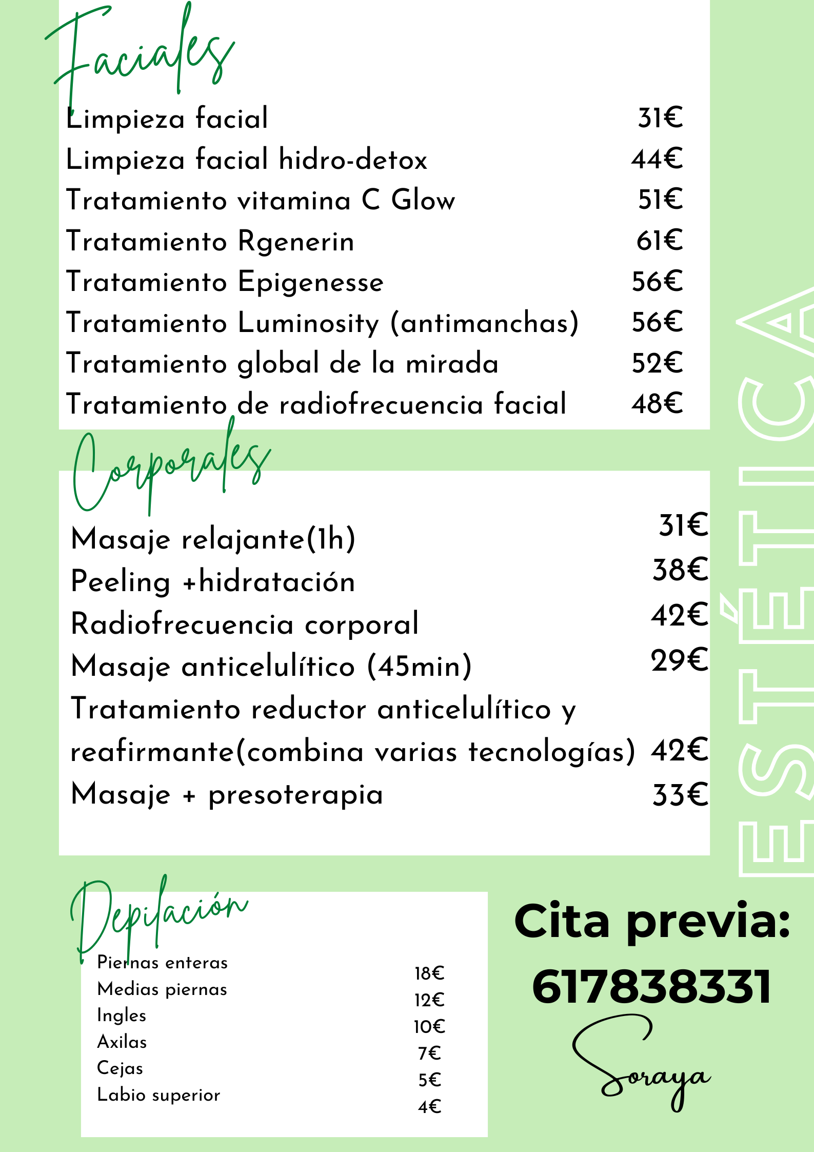 Lista de precios de tratamientos de belleza