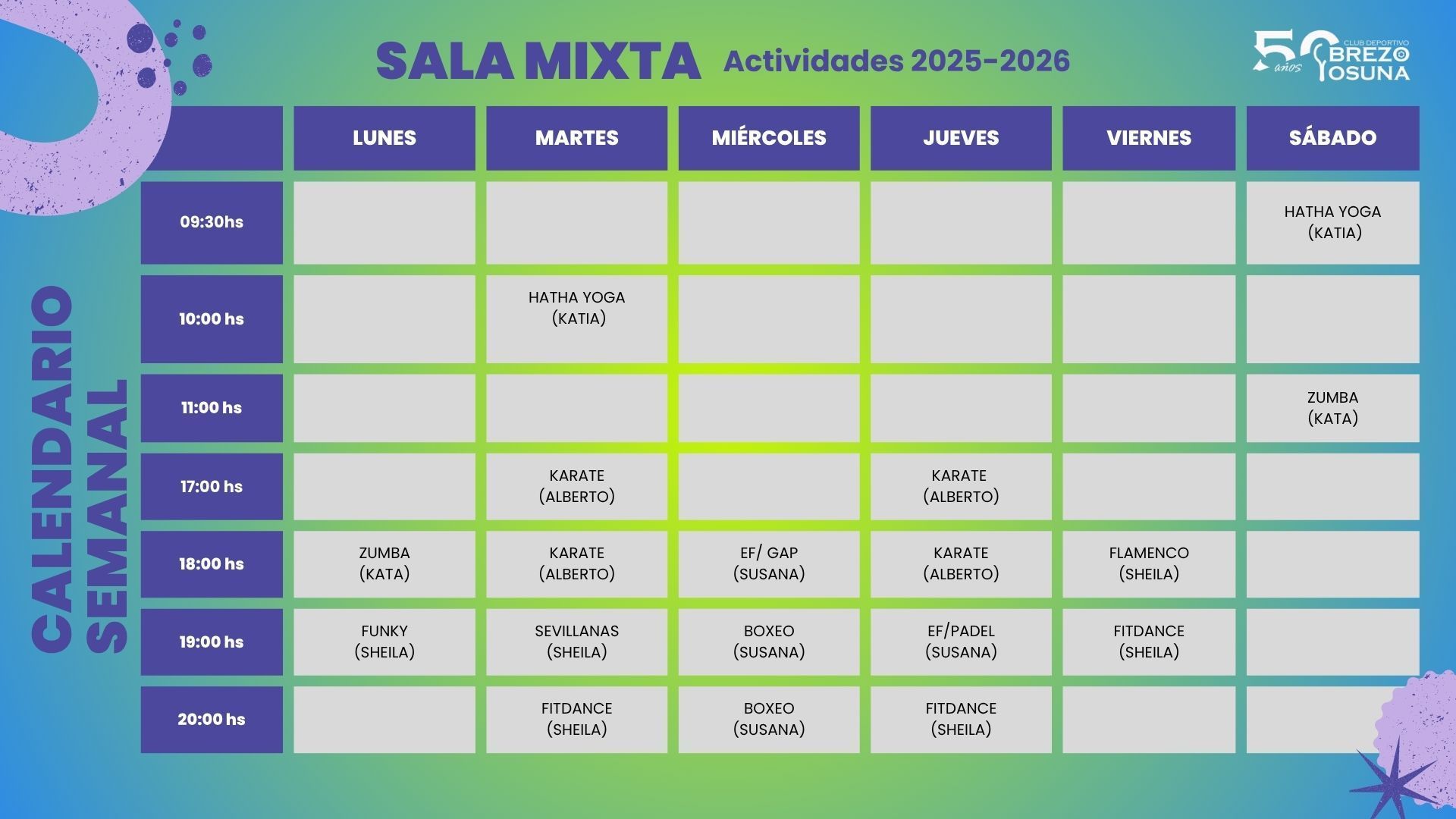 Programa semanal titulado “Sala Mixta” con actividades del 2023-2025.