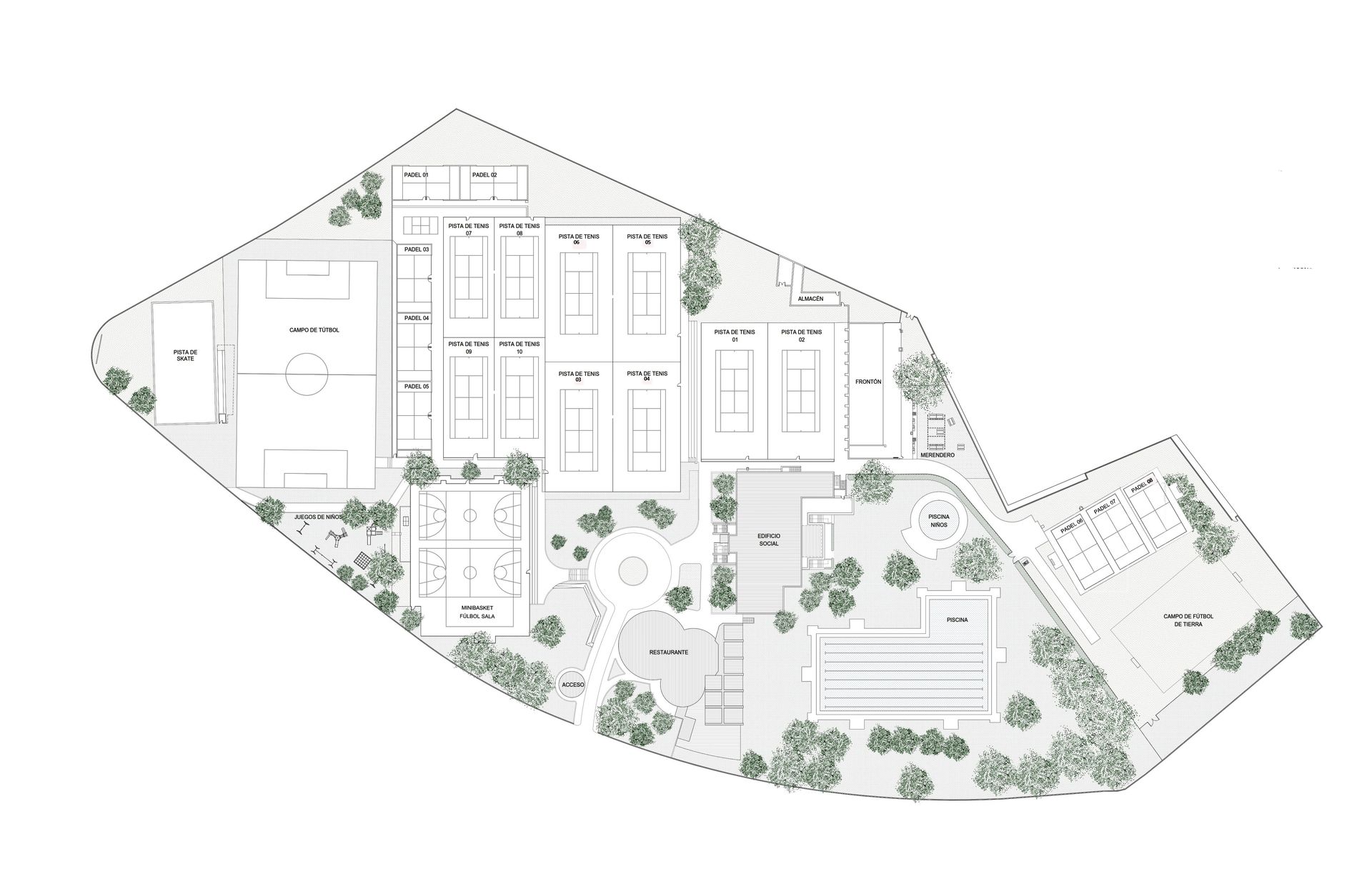 Vista en planta de un campus escolar con diversos edificios, zonas verdes y árboles.