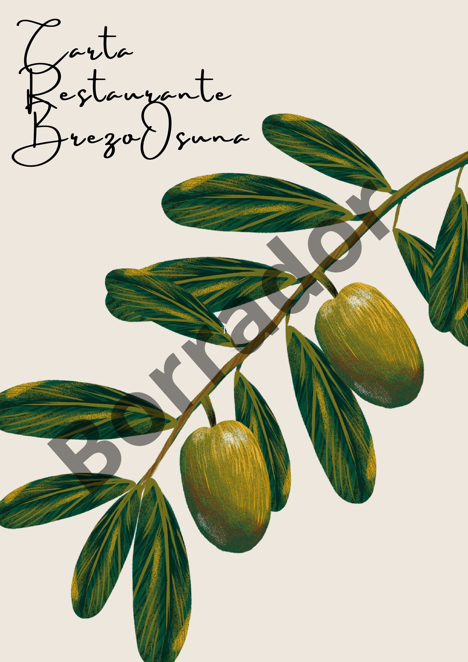 Rama de olivo con hojas verdes y aceitunas. Texto: Costa Restaurante Brezo Osuno.
