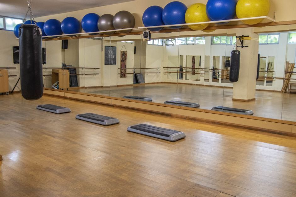 Interior del gimnasio: suelo de madera, espejos, aparatos de ejercicio, sacos de boxeo y pelotas de ejercicio.