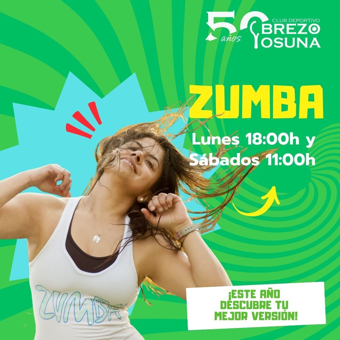 Anuncio de clase de Zumba. Mujer bailando. Colores verde y amarillo, con horarios de clase.