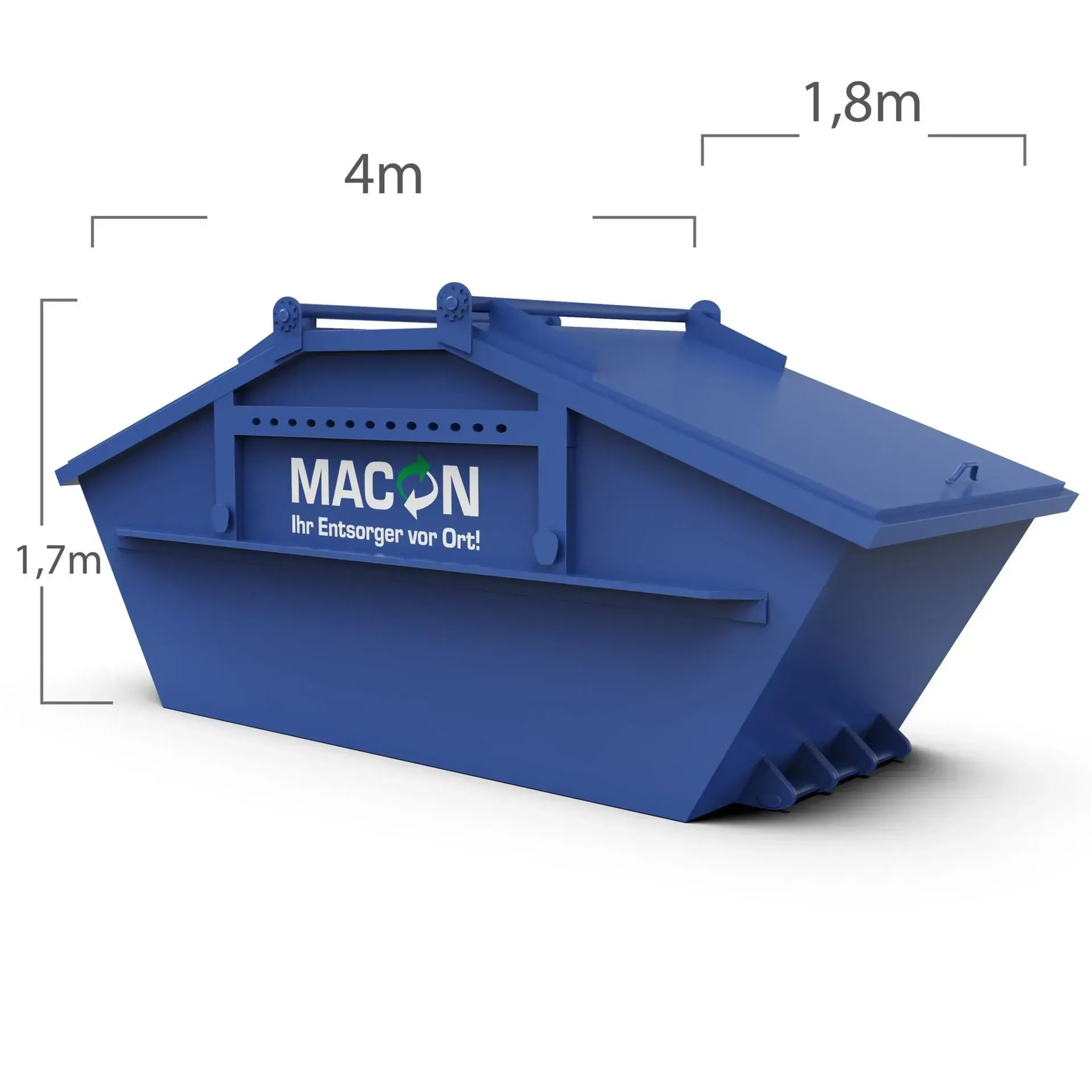Blauer MACON-Abfallcontainer mit den beschrifteten Abmessungen: 4 m x 1,8 m x 1,7 m.
