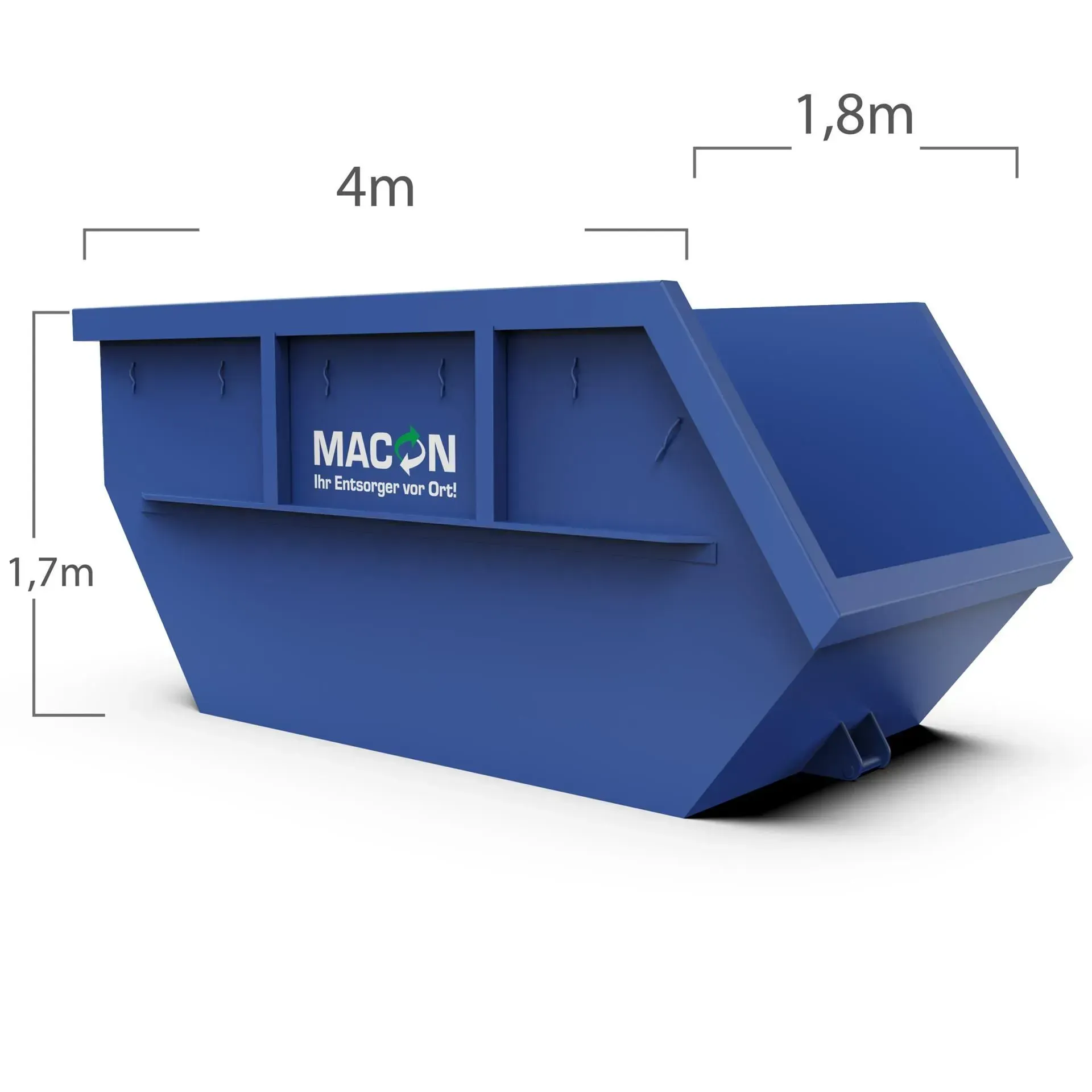 Blauer Müllcontainer mit 4 m Länge, 1,7 m Höhe und 1,8 m Breite; auf der Seite steht „MACON“.