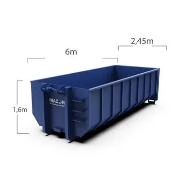 Blauer Müllcontainer mit den Abmessungen: 6 m lang, 2,45 m breit und 1,6 m hoch.