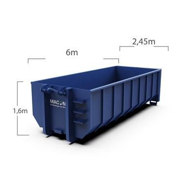 Blauer Müllcontainer, 6 m lang, 2,45 m breit, 1,6 m hoch. Wird zur Abfallentsorgung verwendet.