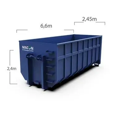 Blauer Müllcontainer mit den angegebenen Abmessungen: 6,6 m lang, 2,45 m breit, 2,4 m hoch.