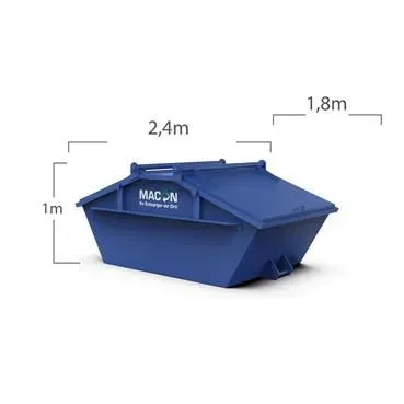 Blauer Müllcontainer mit den Abmessungen: 2,4 m lang, 1,8 m breit und 1 m hoch.
