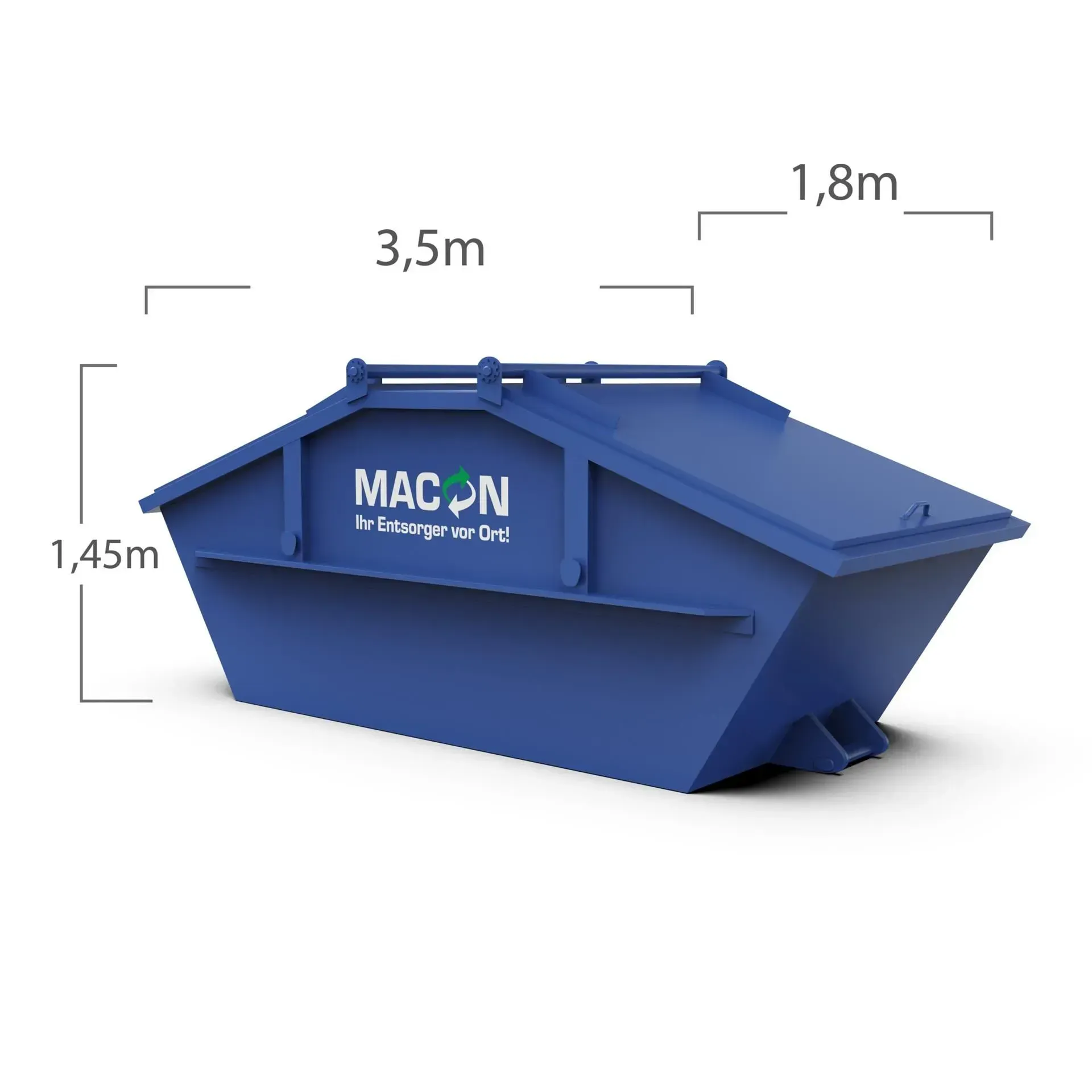 Blauer Müllcontainer mit Deckel, 3,5 m lang, 1,45 m hoch und 1,8 m breit. Mit MACON-Logo.