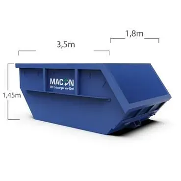 Blauer Müllcontainer mit den Abmessungen 3,5 m x 1,8 m x 1,45 m, seitlich mit der Aufschrift „MACON“.
