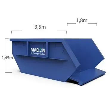 Blauer Industriemüllcontainer mit den angegebenen Abmessungen: 3,5 m lang, 1,8 m breit und 1,45 m hoch.