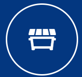 Weißes Müllcontainersymbol in einem weißen Kreis auf blauem Hintergrund.