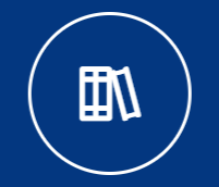Weißes Büchersymbol in einem Kreis auf blauem Hintergrund.