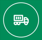 Weißer Umriss eines Muldenkippers in einem weißen Kreis auf grünem Hintergrund.