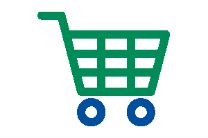 Grünes Einkaufswagensymbol mit blauen Rädern.