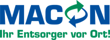 Logo für MACON, ein Entsorgungsunternehmen. Das Wort „MACON“ in Blau mit grünen Recyclingpfeilen. „Ihr Entsorger vor Ort!“ in Grün darunter.