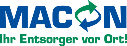 Logo for MACON. Blue text, recycling arrows, and green text "Ihr Entsorger vor Ort!"