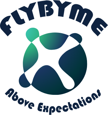 FlybyMe logo: dark blue text above an abstract shape in a circle with gradient greens and blues. “Above Expectations” below.