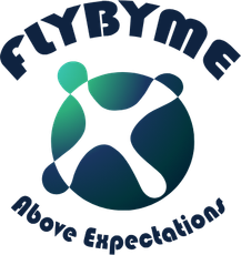FlybyMe logo: dark blue text above an abstract shape in a circle with gradient greens and blues. “Above Expectations” below.