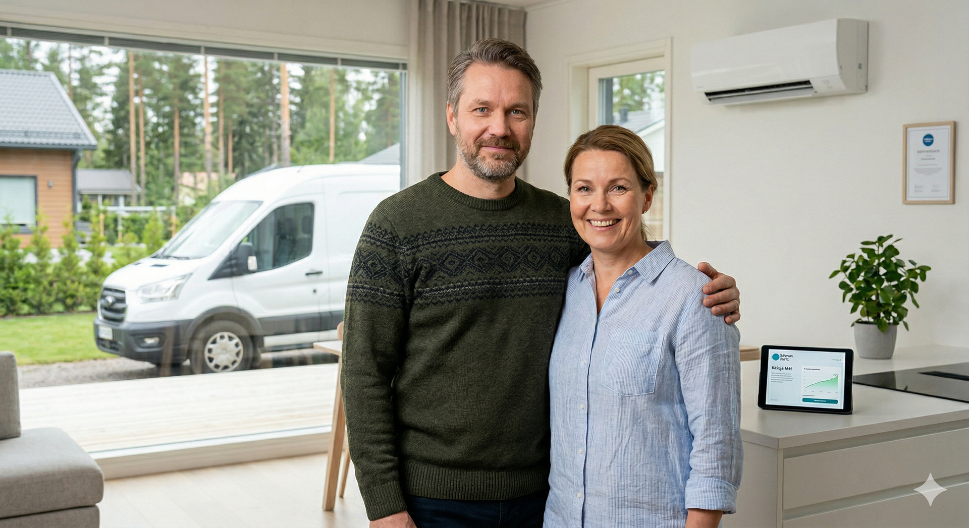 Pariskunta vierekkäin talon sisällä. Taustalla olevasta ikkunasta näkyy yrityksen pakettiauto.