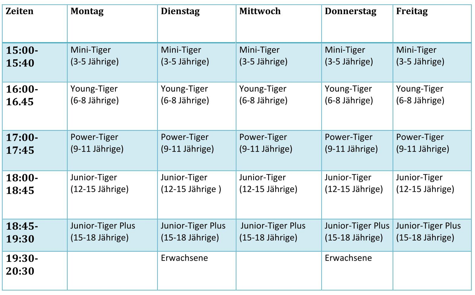 Ein Wochenplan mit Zeitfenstern für verschiedene Altersgruppen: Mini, Young, Puma, Junior, Junior Plus und Erwachsene.