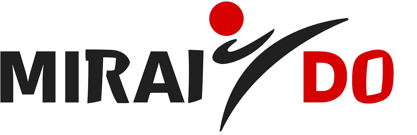 „MIRAI DO“-Logo in den Farben Schwarz und Rot. Eine menschliche Figur führt einen Tritt aus.