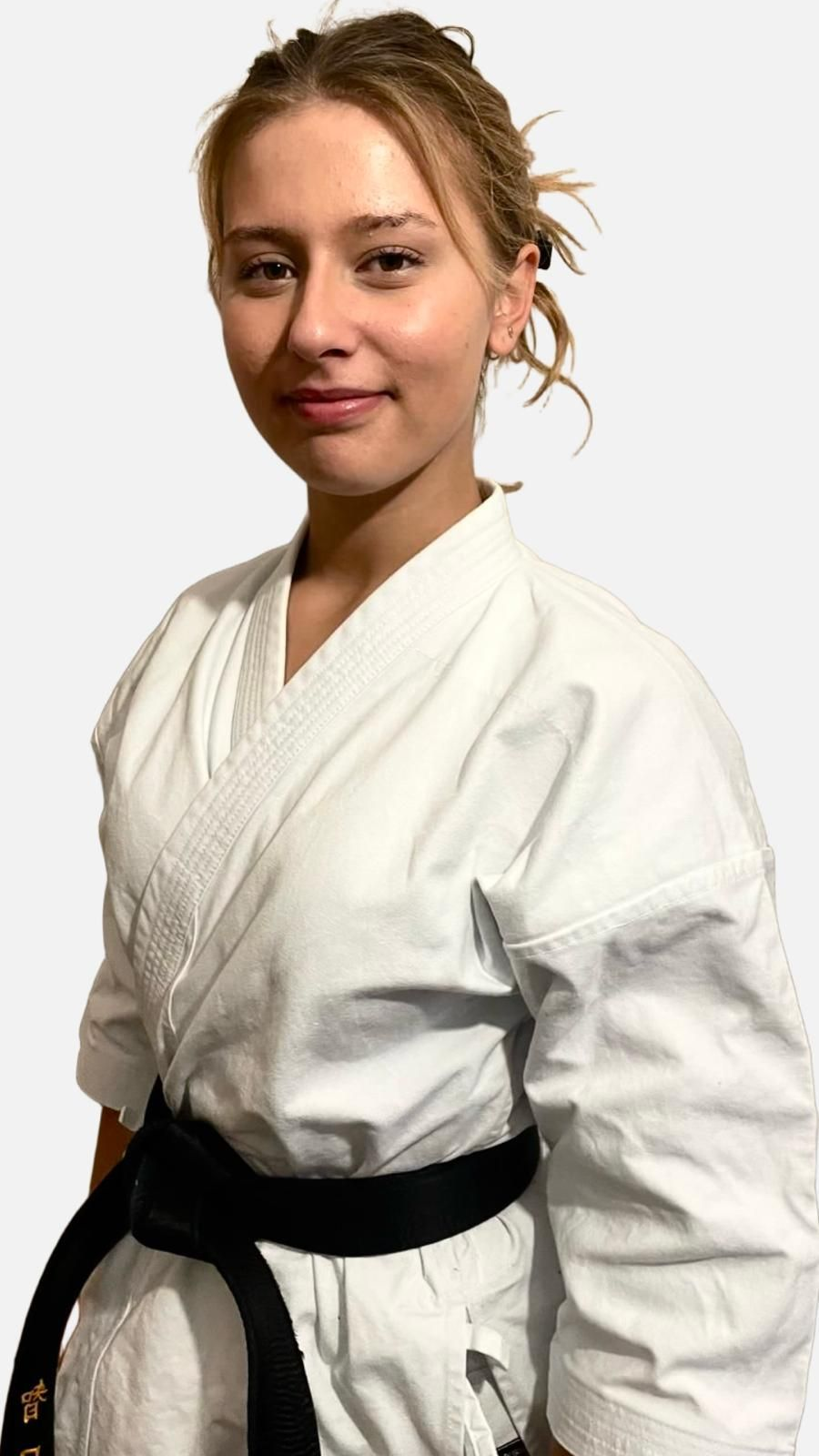 Silhouette einer Person in Karatehaltung, die einen Gi und einen Pferdeschwanz trägt und die Fäuste erhoben hat.