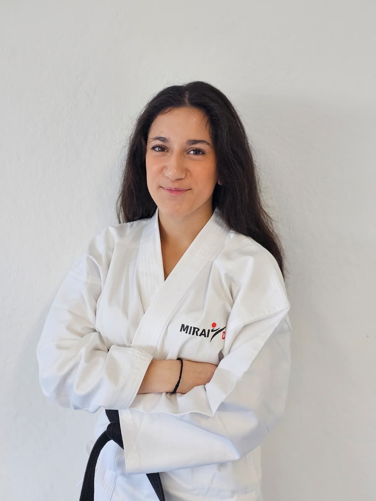 Silhouette einer Person in Karatehaltung, die einen Gi und einen Pferdeschwanz trägt und die Fäuste erhoben hat.