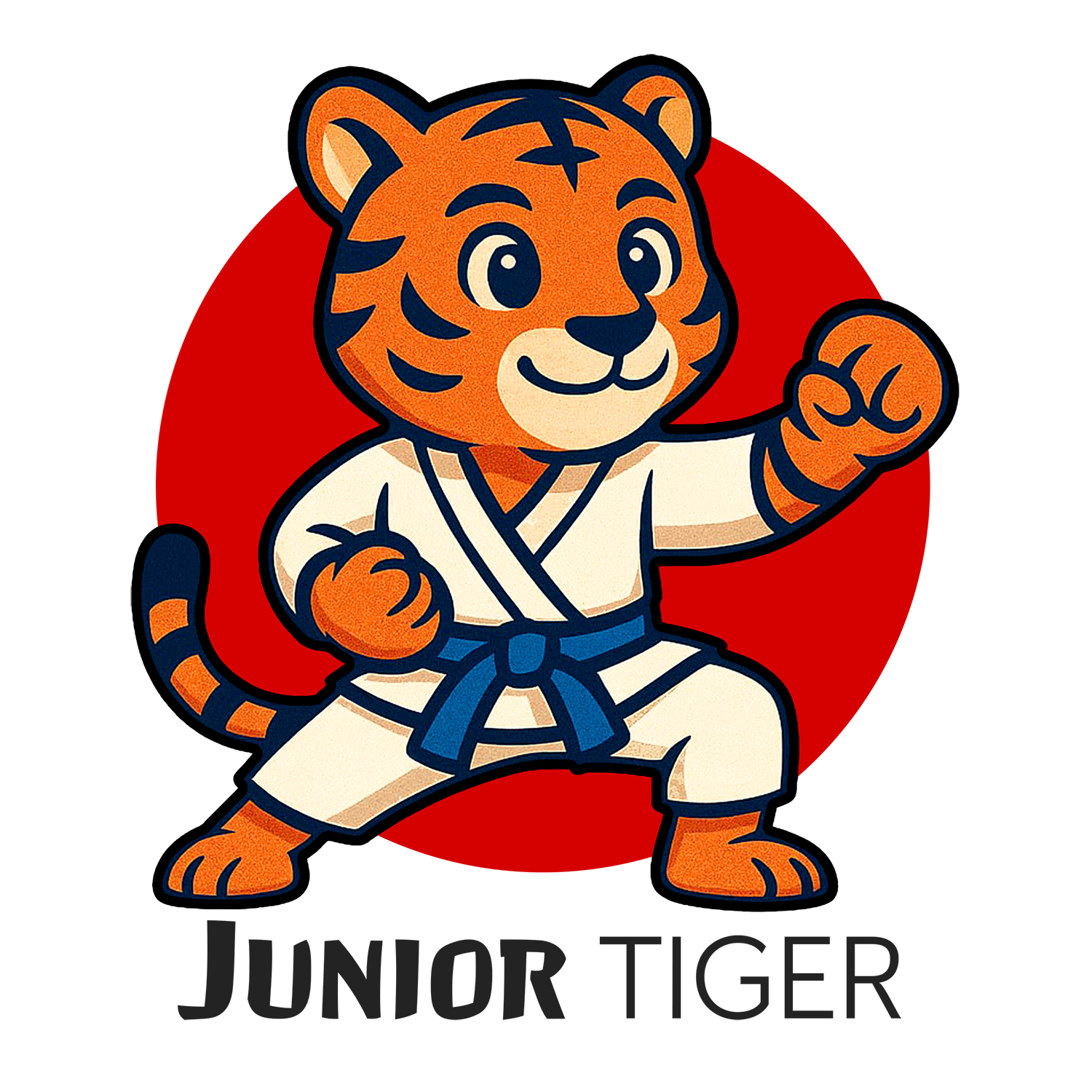 Cartoon-Tiger in Karateuniform mit blauem Gürtel; roter Kreishintergrund, Text lautet „JUNIOR TIGER“.